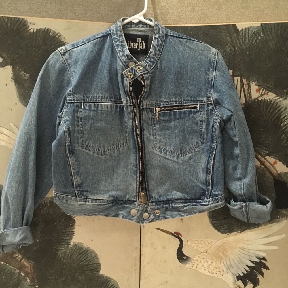 Vtg. silver tab jeans cropped denim moto jacket
